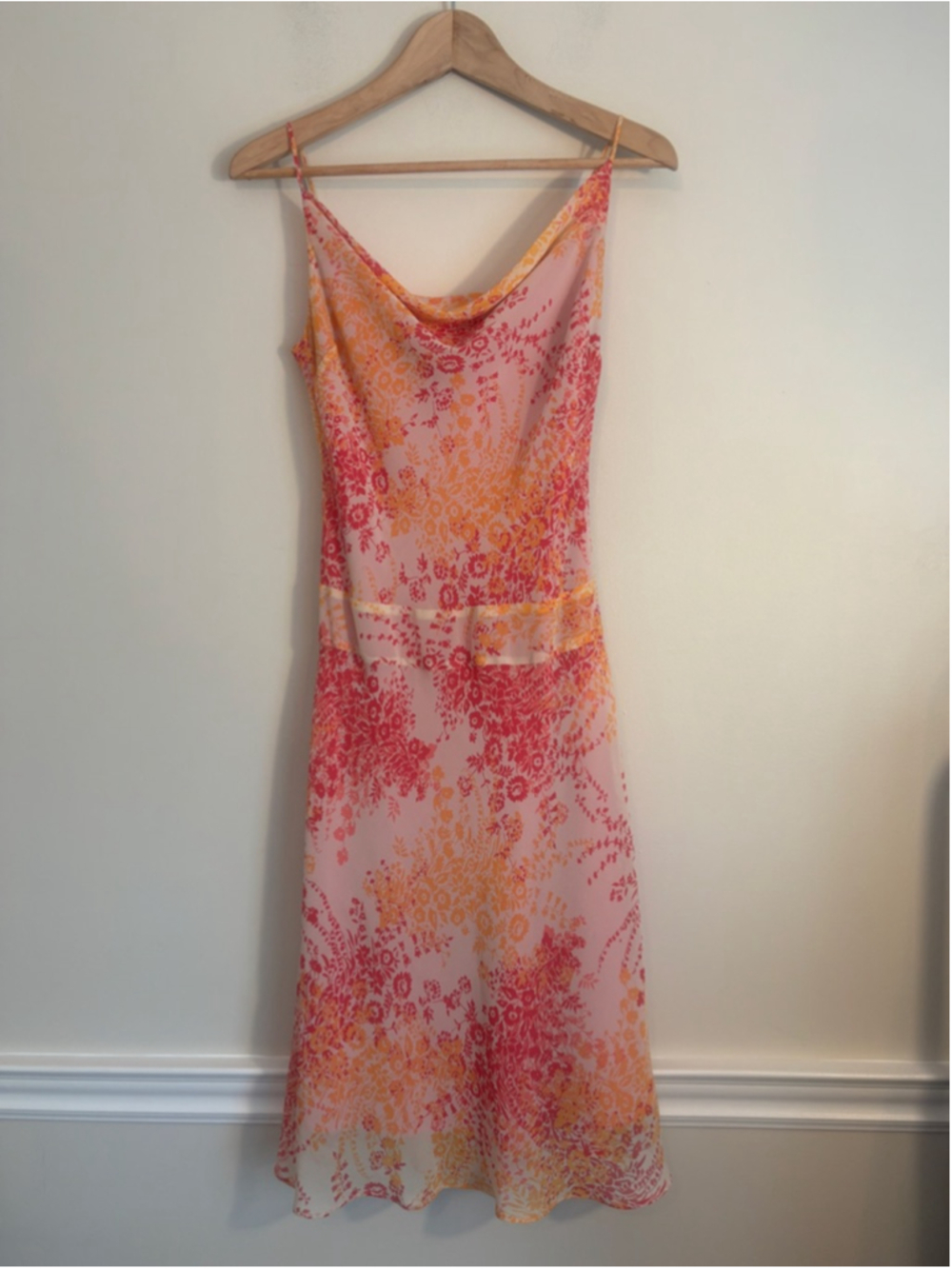 Y2K  Bodycon Babydoll Floral Cowl Neck Slip Dress Size 7 Pink Orange Smart Set